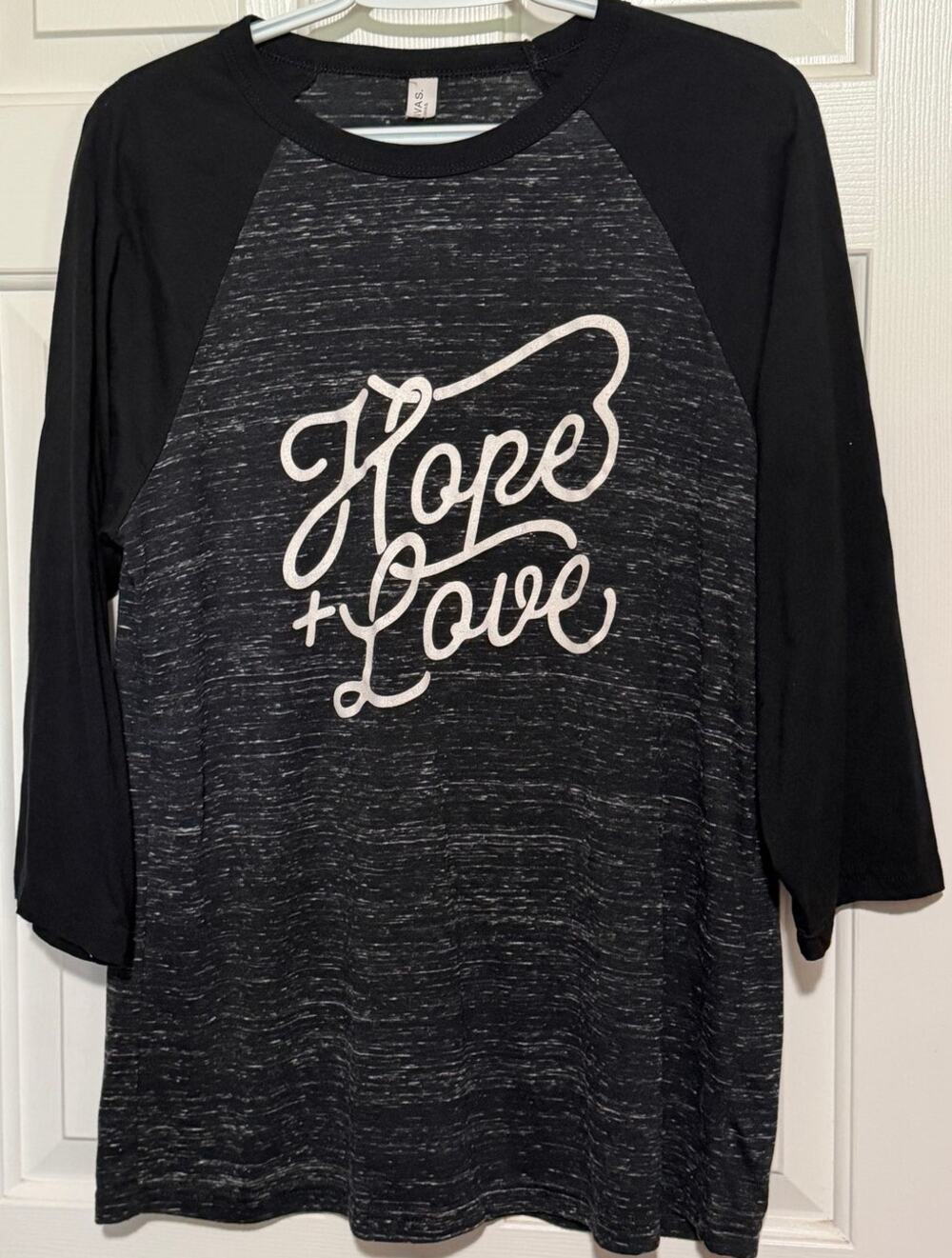 Canvas Women's Black Marbled Baseball Raglan Quarter Sleeves Hope + Love Size XL